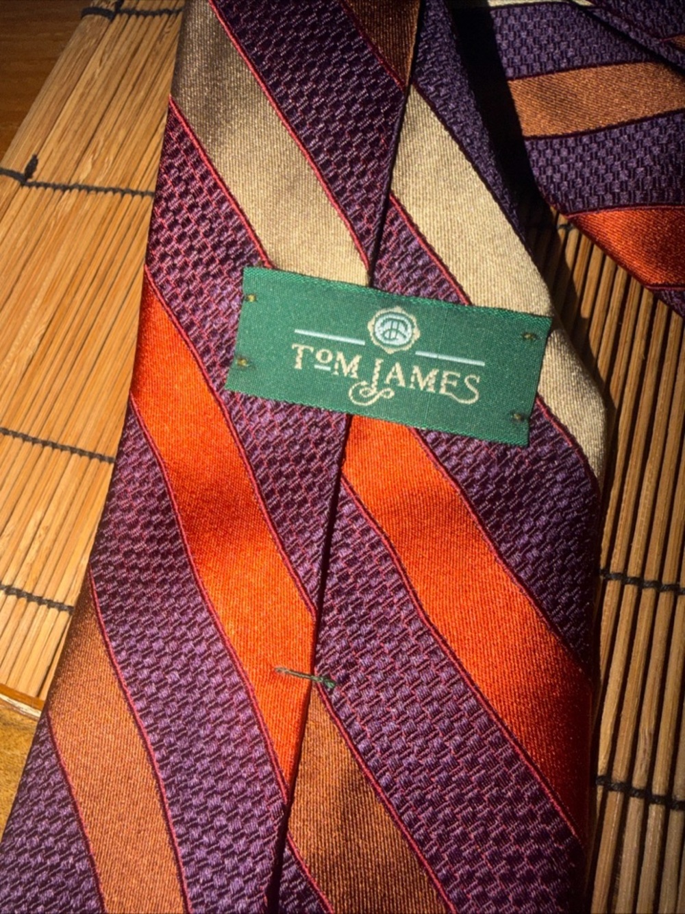 Tom James Men's Purple and Orange Striped Silk Tie